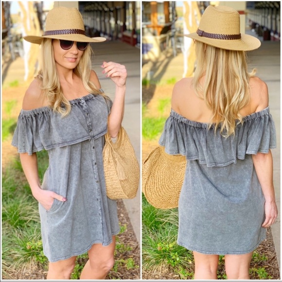 Charcoal Off Shoulder Mineral Wash Dress - Picture 2 of 2